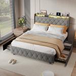 Voodi 160x200cm 4 sahtliga - LED-valgus ja USB-port - panipaigaga - samet - hall