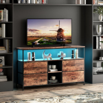 Retro stiilis k&otilde;rge TV-kapp LED-valgustusega ja 4 kangast sahtliga televiisorilaud