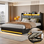 Voodi 160x200cm LED ja USB-portidega - h&uuml;drauliline hoiuruum - PU - must