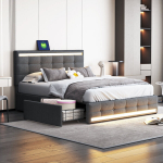 140x200 cm LED-voodi 4 sahtliga, 2 USB-laadimispesa, panipaik, linane, hall