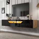 TV-alus 180x37x36 cm, 3 sahtliga, LED, rippuv, must+puit