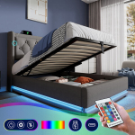 Pehme voodi 90x200 cm USB C-pordi ja 3-k&uuml;ljelise LED-valgustusega hall ilma madratsita 1 tk