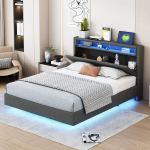 Polsterdatud voodi 140x200 cm, USB, LED, p&ouml;&ouml;ratav peatsiplaat, peidetud jaluts, hall