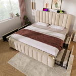 Pehme voodi 180x200 cm USB-C ja 4 sahtliga, linasest kangast, beež, ilma madratsita 1 tk
