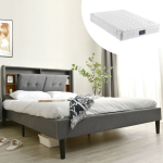 Polsterdatud voodi 140x200 cm, LED ja USB-ga, puidust liistud, hall, madratsiga