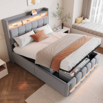 Polsterdatud voodi 140x200 cm, LED, USB, riiulite ja h&uuml;draulilise sahtliga, hall