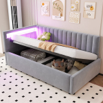 Polsterdatud voodi 90x200 cm, LED-valgustusega, h&uuml;draulilise hoiustamisega, helehall