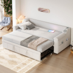 Polsterdatud voodi 90/180x190 cm, Bluetooth k&otilde;lariga, USB, sahtlitega, samet, beež