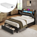 Polsterdatud &uuml;heinimesevoodi 90x200 cm, USB-C, LED, sahtlid, metallraam, hall, madratsiga