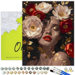 Maalid numbrite j&auml;rgi kuldse l&auml;ikiva v&auml;rviga MUSTAL L&Otilde;UENDIL Raamil Oh Art!, Naine ja lilled "T&uuml;druk ja punased pojengid kullast" 40x50 cm