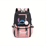 Disney Stitch seljakott, vastupidav pol&uuml;ester, moekas pompom vidin., Rožinė Ir Juoda