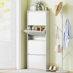 Kitsas metallist kingakapp kuni 8 paarile kingadele, 4 kallutatavat sahtlit, esikusse, esiku alale, Valge, Balta