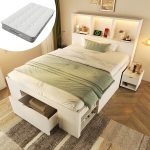 &Uuml;he kohaga voodi madratsiga, LED, USB-C, sahtel, 90x200 cm