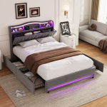 Polsterdatud voodi 160 x 200 cm LED ja USB-ga, panipaigaga voodi 4 sahtli ja peidetud sektsiooniga peatsiga, samet, hall