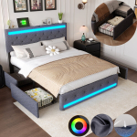 Voodi 140x200, LED ja USB, 4 sahtlit, liistudega voodip&otilde;hi, skandinaavia, teismelise voodiraam 140x200, linane kangas, hall
