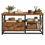 Loft-stiilis kohvilaud 100 cm, rustikaalne pruun &ndash; 2 sahtlit, riiulid, metallraam, Ruda