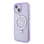 Guess Case iPhone 15 Plus 6.7 GUHMP15MHRSGSU lilla v&auml;rvi HC RING STAND MAGSAFE SCRIPT LOGO GLITTER jaoks