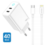 Jellico EU19 GaN 40W PD Universaalne &Uuml;lim Kiire La charger 2x USB-C / USB-C to Lightning 1m Juhe Valge
