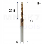 Spiraalne kooniline sf&auml;&auml;riline 3d Cnc frees Hrc55 6*r1.0*30.5*75 3.75&deg; Vhm (huhao)