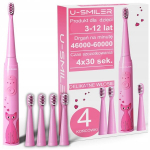 Laste elektriline hambahari U-SMILER, 3 režiimi, 4 otsikut ja USB-laetav, roosa