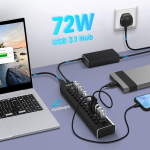Rshtech usb 3.2 aktiivne jaotur koos toiteplokiga (72w 12v/6a), 2-in-1 andmekaabel (type c & type a) ja 13 x 10gbps usb 3.2 andmeport, alumiiniumist 13 pordiga usb 3.1 gen2 aktiivne jaotur laadimiseks ja andmeedastuseks
