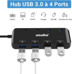 Atolla usb 3.0 jaotur, toiteplokk, andmejaotur, 4 porti, &uuml;li&otilde;huke, 60 cm pikkuse pikenduskaabli ja indikaatortuledega &uuml;hele toitel&uuml;litile