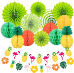 Phlognfy Hawaii teemaline peokaunistuste komplekt, suvepeo kaunistused aiapeoks, 6 rohelist paberist lehvikut, 5 k&auml;rjekujulist palli, 2 ananassi k&auml;rjekujulist kaunistust, 2 flamingo ananassi vildist b&auml;nnerit, suveks