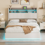 Lova su LED ap&scaron;vietimu, USB-pistik, galvūgaliu su daiktadėže, Balta flanelinė, 140 * 200 cm
