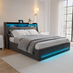 Voodi 140 &times; 200cm, LED-valgustuse ja USB-liidesega, h&uuml;drauliline voodi, panipaigaga, hall