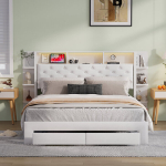 Voodi 140 x 200 cm LED- ja USB-portidega - panipaikade ja 2 sahtliga - samet - valge
