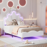 Lastevoodi 90 x 200 cm, kroonprintsessi voodi k&otilde;rgusega reguleeritava peatsiga, LED-valgustuse ja liistudest alusega, polsterdatud voodi, t&uuml;drukute voodi, seljatugi, lastevoodiraam, samet, ilma madratsita, valge