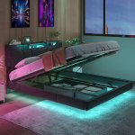 Kaheinimesevoodi 140 x 200 cm, polsterdatud voodi LED-valgustuse, USB-pordi ja panipaigaga, k&otilde;rgusega reguleeritava peatsiga, must PU-kangas, madrats ei kuulu komplekti