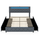 Costway polsterdatud voodi 160 x 200 cm LED-valgustusega, laadimisjaamaga (2 USB-porti), kaheinimesevoodi raam sahtlitega, hall