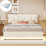 Voodi 160&times;200CM, madratsiga, LED-valgustus, kaheinimesevoodi, h&uuml;drauliliselt t&otilde;stetav voodiraam, beež, samet