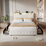 Voodi 140x200cm 4 sahtliga - LED-valgus ja USB-port - panipaigaga - samet - beež