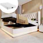 Polsterdatud voodi 140x200 cm, h&uuml;drauliline, puuvill, LED, USB-C, beež, madratsiga