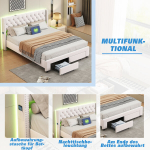 Polsterdatud voodi LED peatsiga ja USB-ga, 2 sahtliga ja k&uuml;ljetaskutega 140x190 cm, samet, beež