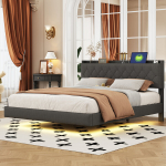 Polsterdatud voodi 160x200 cm, USB, LED v&auml;rviriba, linane kangas, hall
