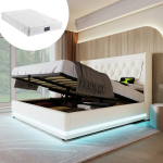 Polsterdatud voodi 140x200 cm, PU, h&uuml;drauliline panipaik, peatsipea USB-pordiga, LED-valgus, madratsiga