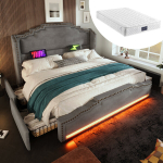 Polsterdatud voodi 140x200 cm, 4 sahtliga, LED, USB-C, samet, hall, madratsiga