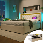 Polsterdatud voodi LED-valgustiga, USB-C, sahtlitega, 140x200 cm, puuvill, noortevoodi, ilma madratsita