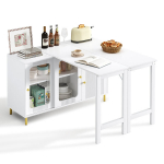 Moodne valge buffet-kummut, kokkupandav/pikendatav laud, kuldsed metalljalad, klaasuksed, laineline pind