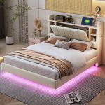 Polsterdatud voodi 140x200 cm USB-pordi, LED-valgusti, riiulite, metallraami, linase kangaga, kaheinimesevoodi, beež