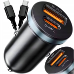 Autolaadija 60W USB USB-C QC3.0 PD kaabliga, Automobilinis įkroviklis 60W USB USB-C QC3.0 PD su kabeliu