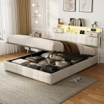 Voodi 160&times;200cm, polsterdatud voodi, LED-valgustusega, valge