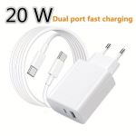 Komplekt 20W Kiirlaadimisplokk, Kahe Porti USB + Type C Seinalaadija Koos 100.58 Cm Pika C-C Kaabliga.