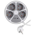 Maandusega pikendusjuhe &uuml;mmargune, 4 pesa, USB-A/C, 1,5 m, valge/hall