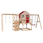 Puidust m&auml;ngumaja lastele kiige ja ronimisseinaga, Wendi Toys M23R-G, punane, 197 x 508 x 242 cm