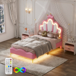 T&uuml;drukute 90x190cm lastevoodi liistudest alusega, printsessvoodi LED-valgustuse ja reguleeritava peatsiga, &uuml;heinimesevoodi lastele ja teismelistele, roosa kunstnahk