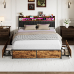 Kaheinimesevoodi raam 180x200cm 4 sahtliga, voodi LED ja USB-ga, liistudest alus, PU, ​​​​must + pruun